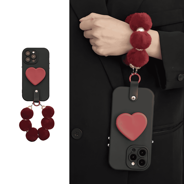 Full-Cover Silicone Case Burgundy Heart Stand Fluffy Pom-Pom Hand Strap