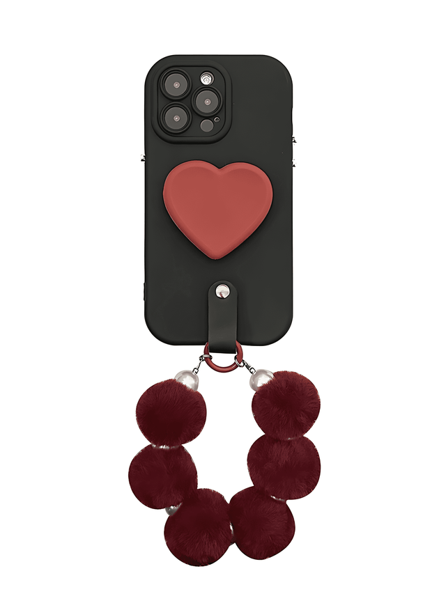 Full-Cover Silicone Case Burgundy Heart Stand Fluffy Pom-Pom Hand Strap