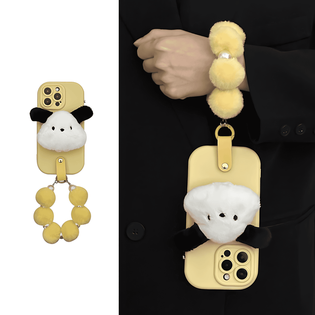 Yellow Bubble Soft Phone Case with Pompom Wristband and Pochacco Plush