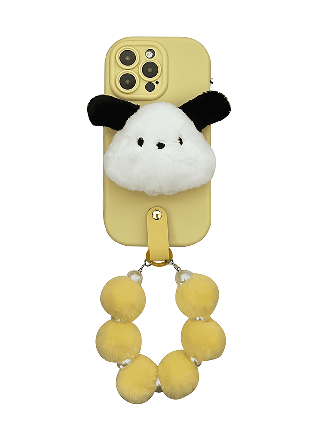 Yellow Bubble Soft Phone Case with Pompom Wristband and Pochacco Plush