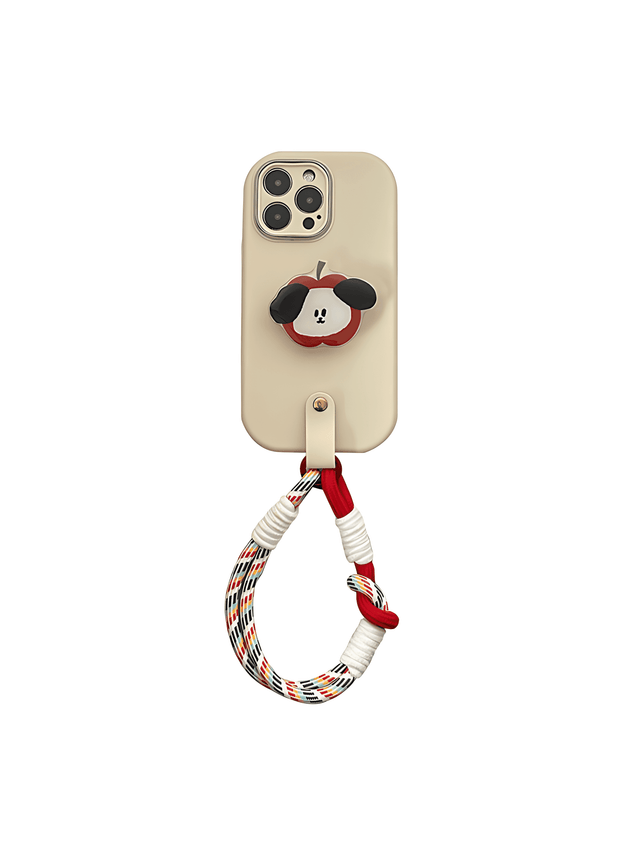 Full Coverage Soft Beige Case with Apple Dog Stand Wrist Strap