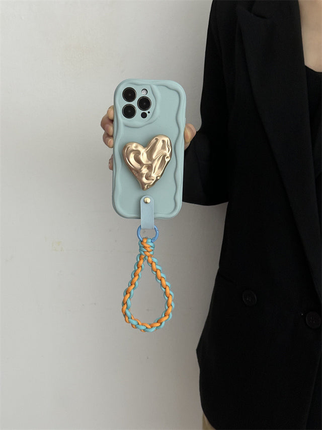 Cream Border Blue Case with Gold Heart Stand and Braided Wrist Strap