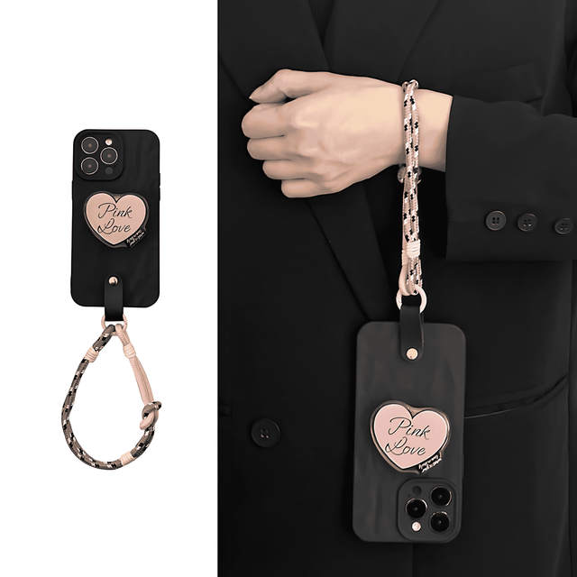 Black Wrinkle Textured Phone Case with Pink Love Heart Stand Wrist Strap