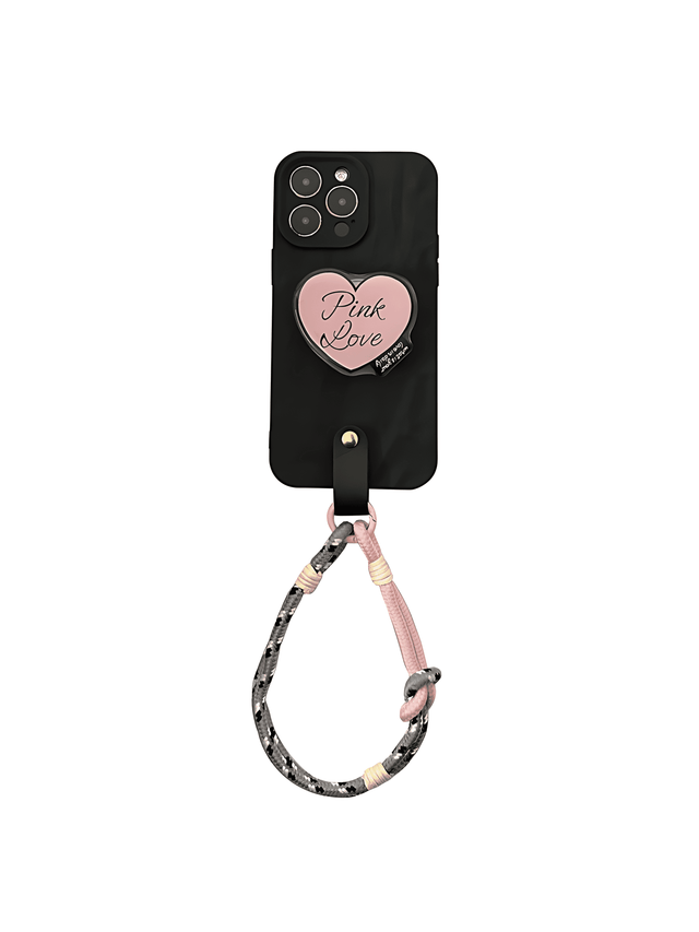 Black Wrinkle Textured Phone Case with Pink Love Heart Stand Wrist Strap