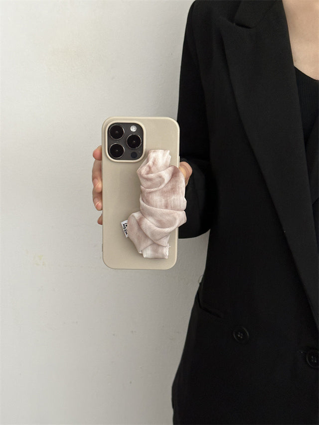 Glossy Milk Tea Phone Case with Tie-Dye Silk Scarf Elastic Wrist Strap