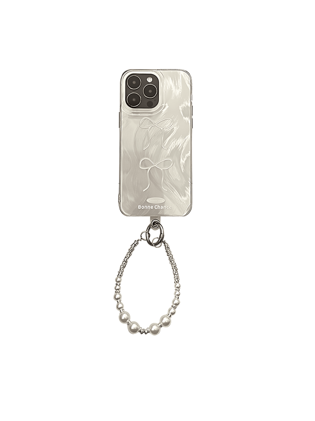 Silk Silver Ballet Bow Phone Case with Pearl Chain Wrist Strap