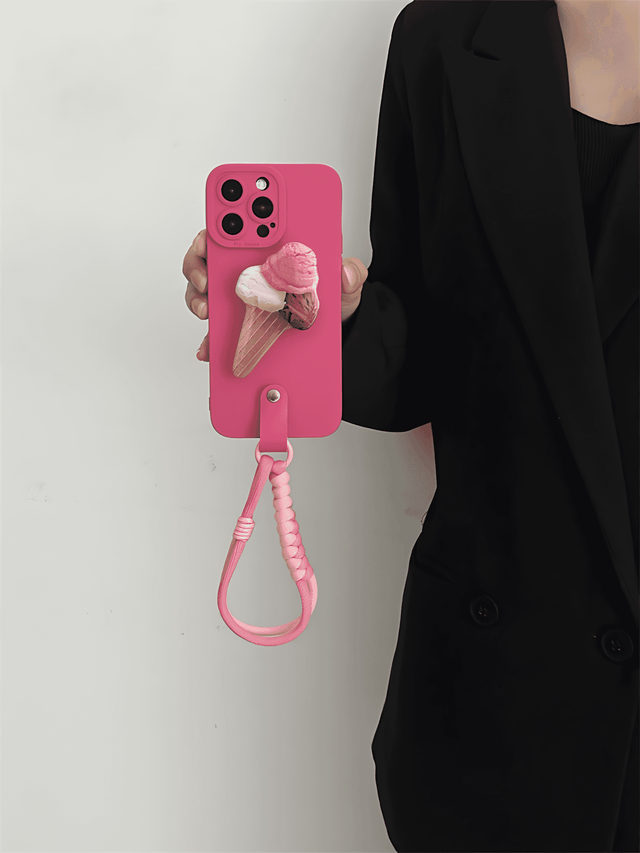 Magenta Silicone Phone Case with Ice Cream Stand and Braided Strap