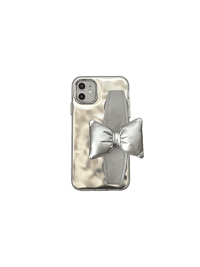 Silver Wave Pattern Phone Case with Padded Bow Wrist Strap