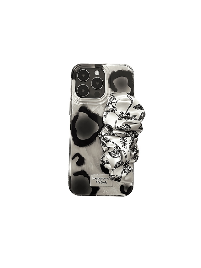 Black Leopard Print Phone Case with Printed Elastic Silk Scarf Wrist Strap