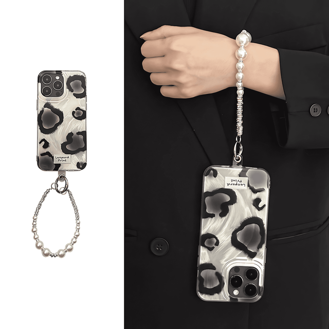 Silver Phone Case with Black Leopard Print and Pearl Chain Wrist Strap