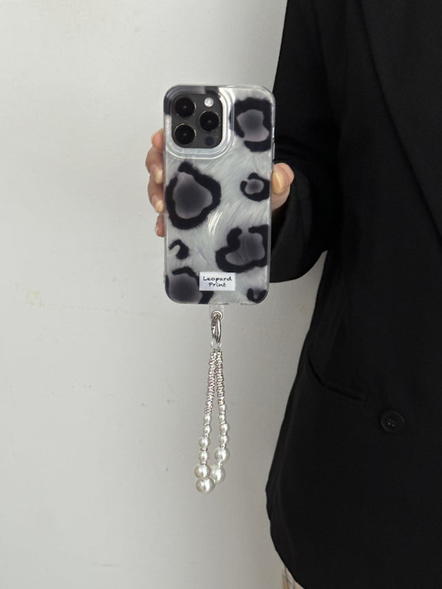 Silver Phone Case with Black Leopard Print and Pearl Chain Wrist Strap