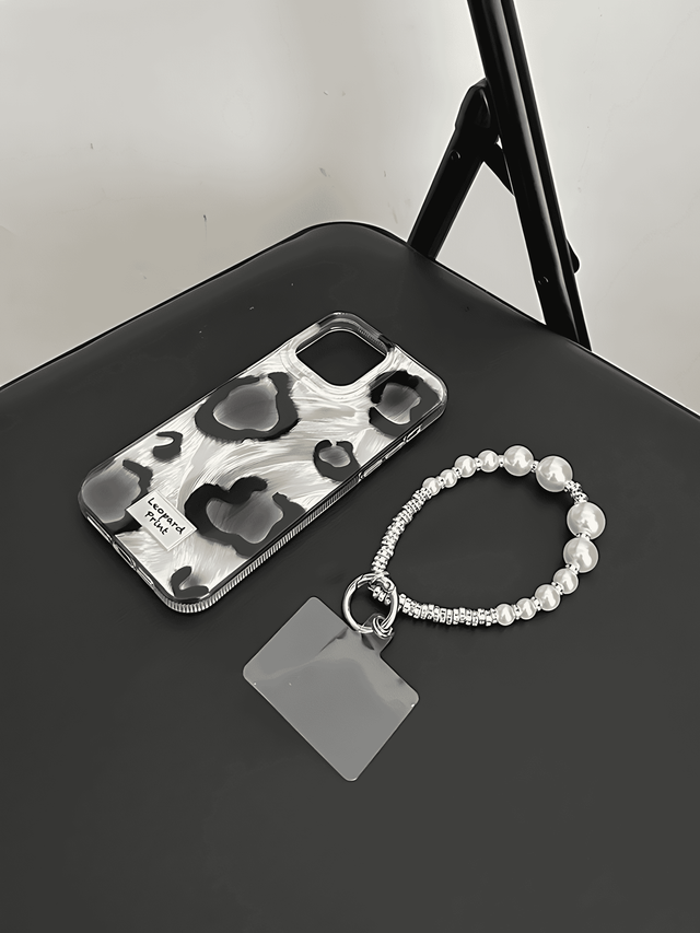 Silver Phone Case with Black Leopard Print and Pearl Chain Wrist Strap