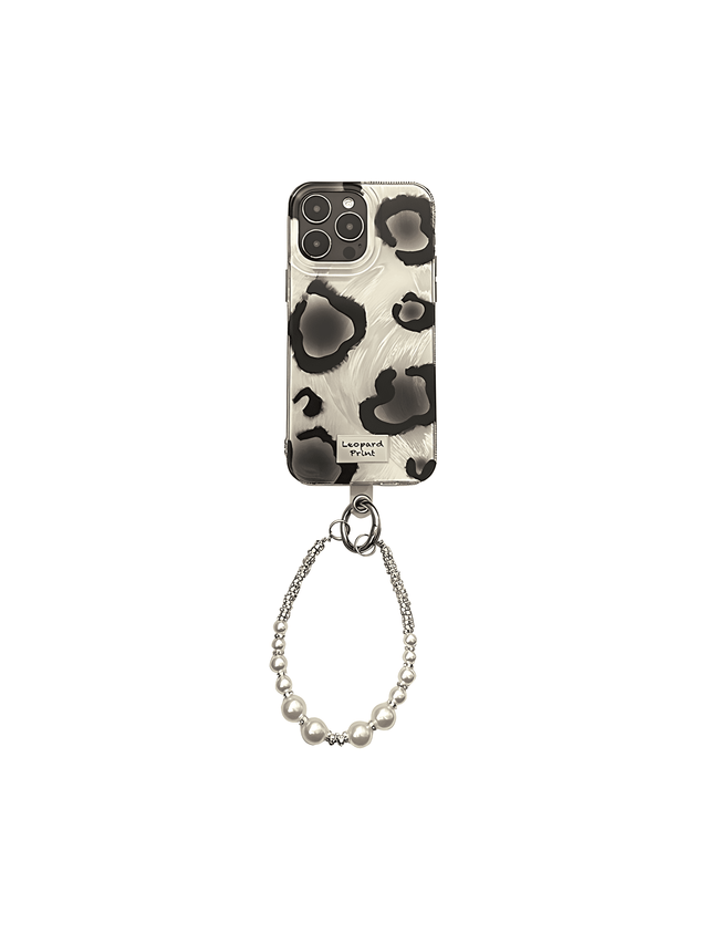 Silver Phone Case with Black Leopard Print and Pearl Chain Wrist Strap