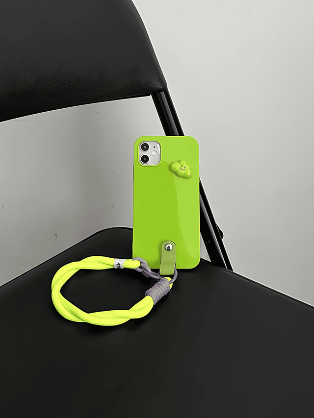 Neon Green Glossy Phone Case with Cloud Decoration and Hand Strap