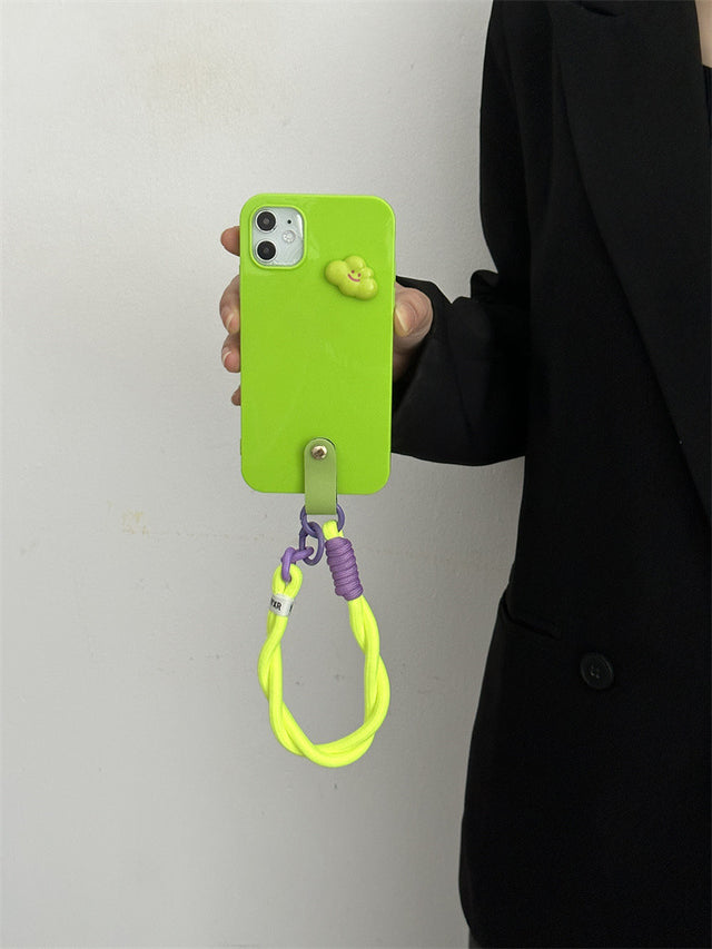 Neon Green Glossy Phone Case with Cloud Decoration and Hand Strap