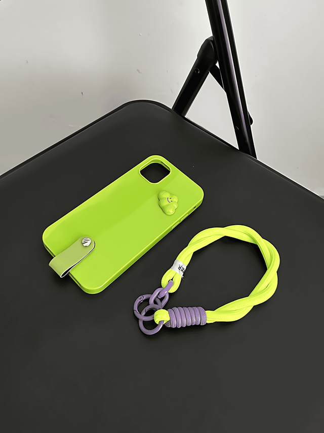 Neon Green Glossy Phone Case with Cloud Decoration and Hand Strap