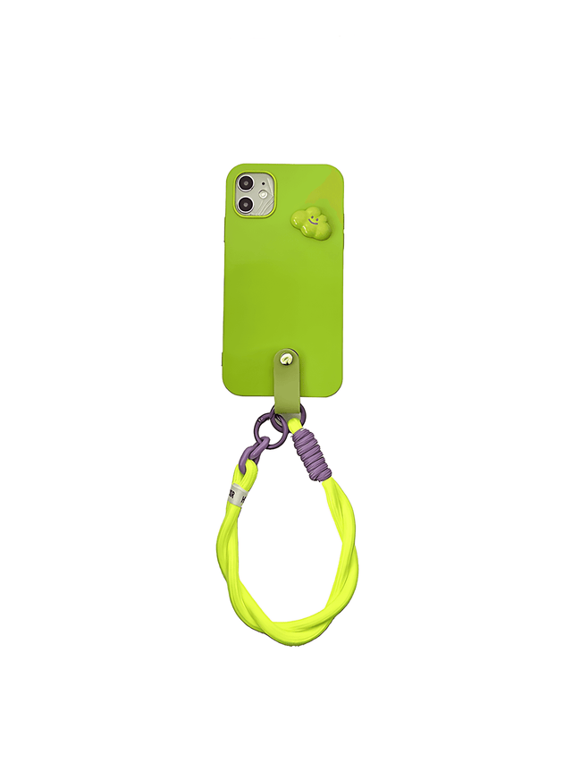 Neon Green Glossy Phone Case with Cloud Decoration and Hand Strap