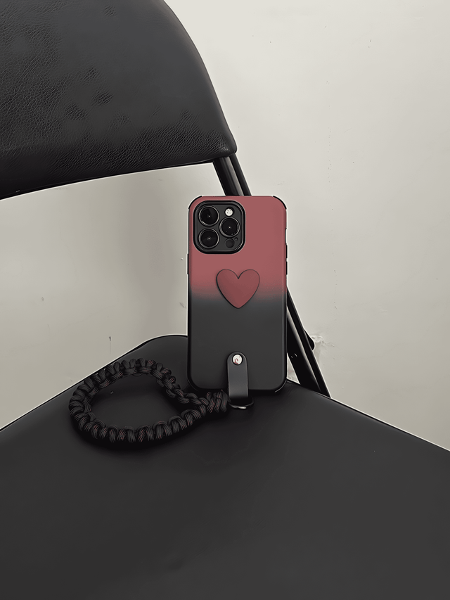 Red&Black Gradient Silicone Case with Burgundy Heart Braided Hand Strap