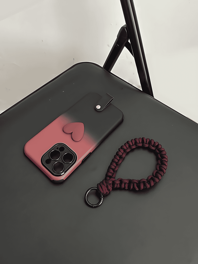 Red&Black Gradient Silicone Case with Burgundy Heart Braided Hand Strap