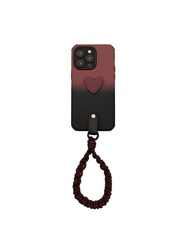 Red&Black Gradient Silicone Case with Burgundy Heart Braided Hand Strap