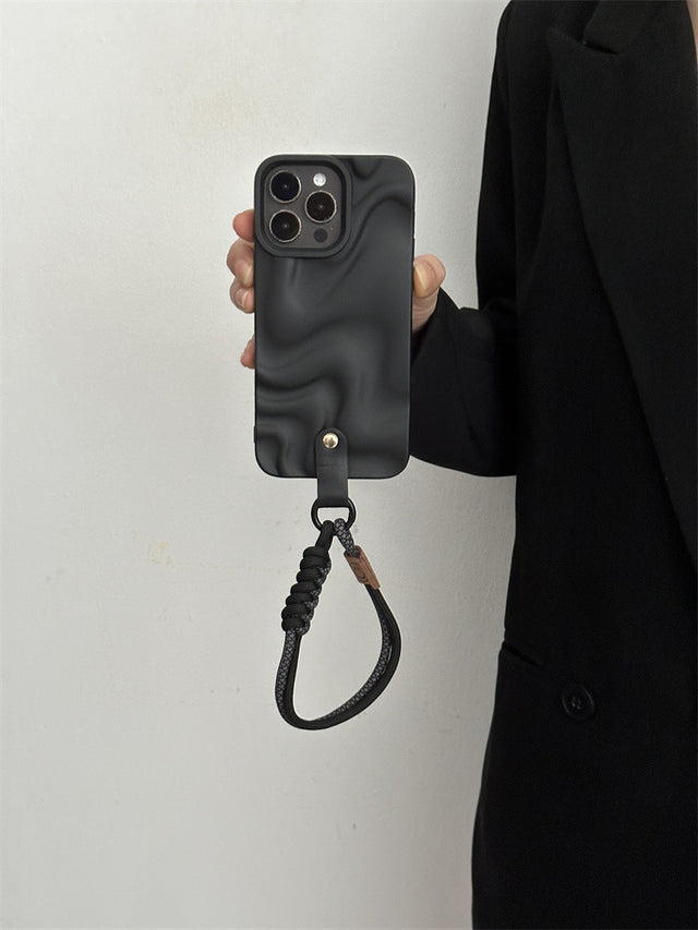 Black Silicone Phone Case with Irregular Texture Black Cotton Hand Strap