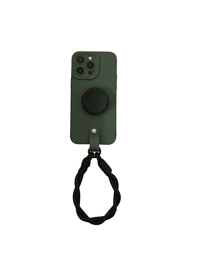 Full-Cover Dark Green Silicone with Round Stand Braided Hand Strap