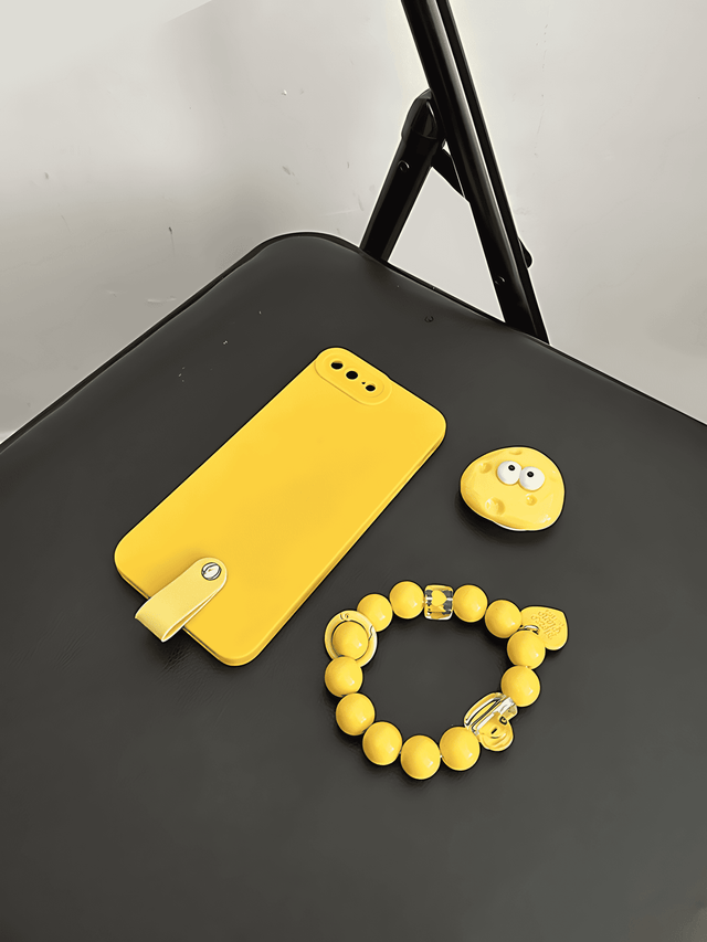 Full-Cover Yellow Silicone with Cheese Stand Beaded Hand Strap