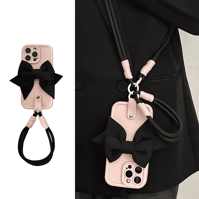 Pink Bubble Case with Shiny Black Padded Bow Wrist Strap Crossbody Lanyard