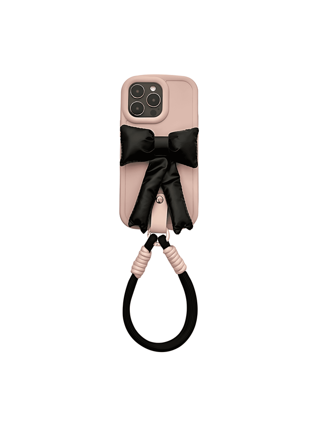 Pink Bubble Case with Shiny Black Padded Bow Wrist Strap Crossbody Lanyard