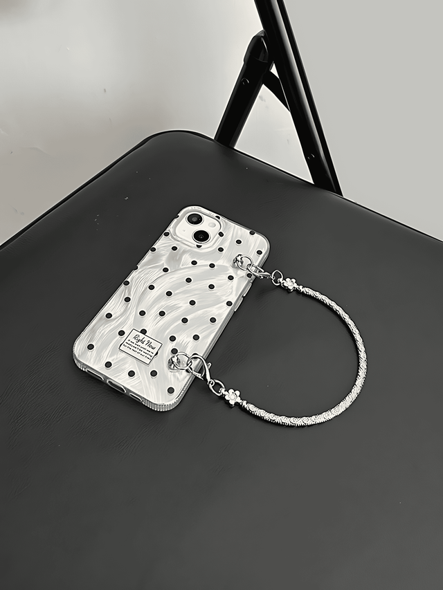 Silver Polka Dot Case with Chain Wrist Strap and Crossbody Chain Lanyard