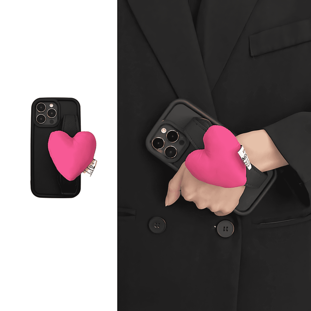 Black Bubble Silicone Phone Case with Pink Heart Wrist Band Straps