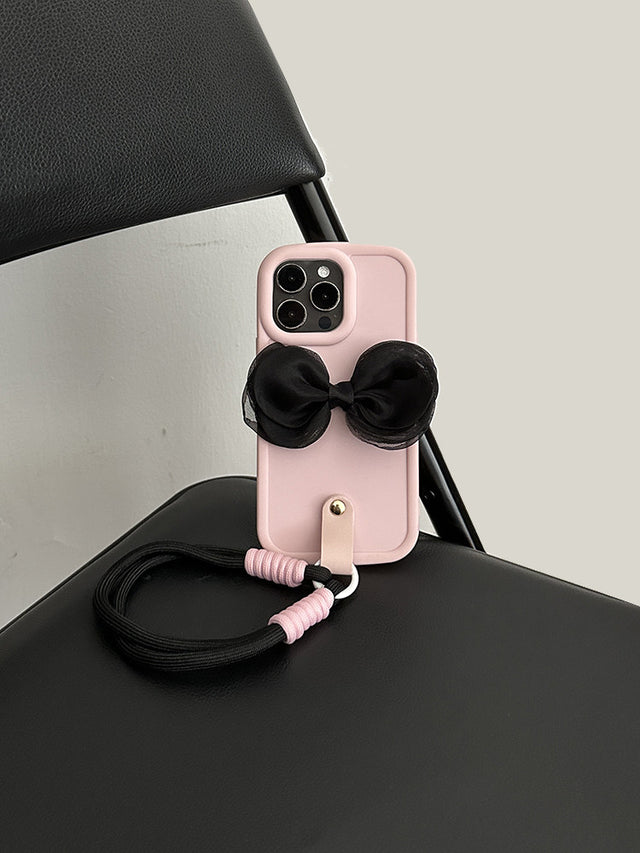 Pink Bubble Soft Phone Case with Black Mesh Bow and Wrist Strap