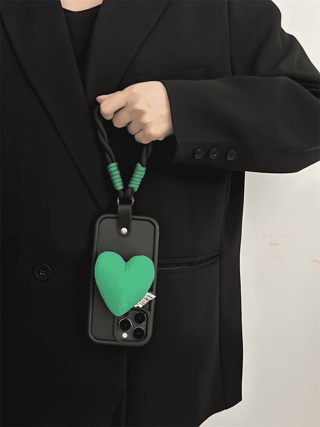 Black Bubble Soft Case with Green Heart Cushion Wrist Strap Lanyard