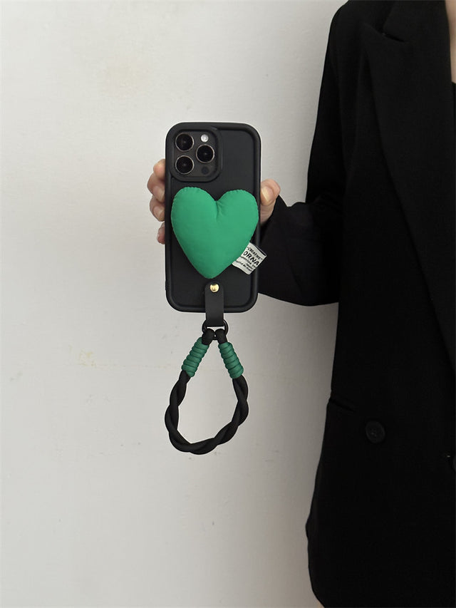 Black Bubble Soft Case with Green Heart Cushion Wrist Strap Lanyard