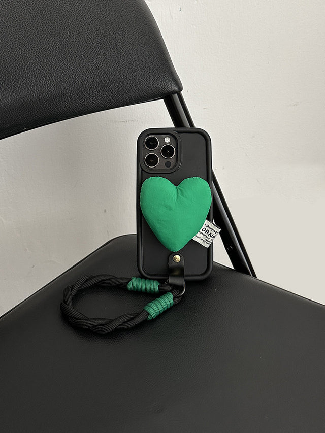 Black Bubble Soft Case with Green Heart Cushion Wrist Strap Lanyard