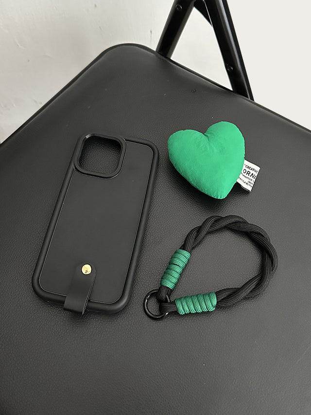 Black Bubble Soft Case with Green Heart Cushion Wrist Strap Lanyard