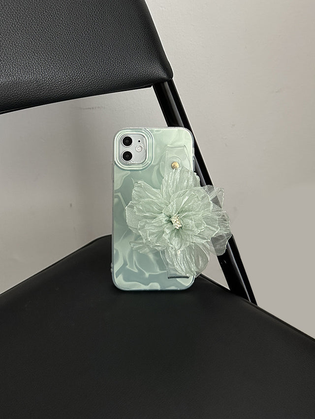 Mint Green Double Wave Texture Case with Peony Flower Wrist Strap Lanyard