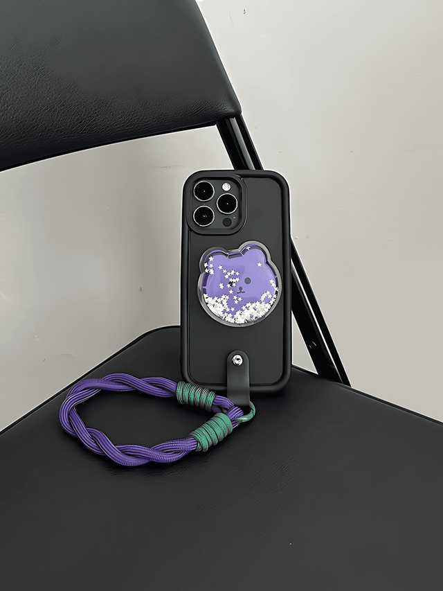 Black Silicone Phone Case Purple Liquid Bear Handle Strap Lanyard