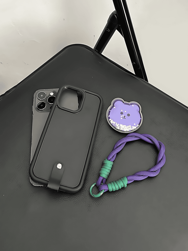 Black Silicone Phone Case Purple Liquid Bear Handle Strap Lanyard