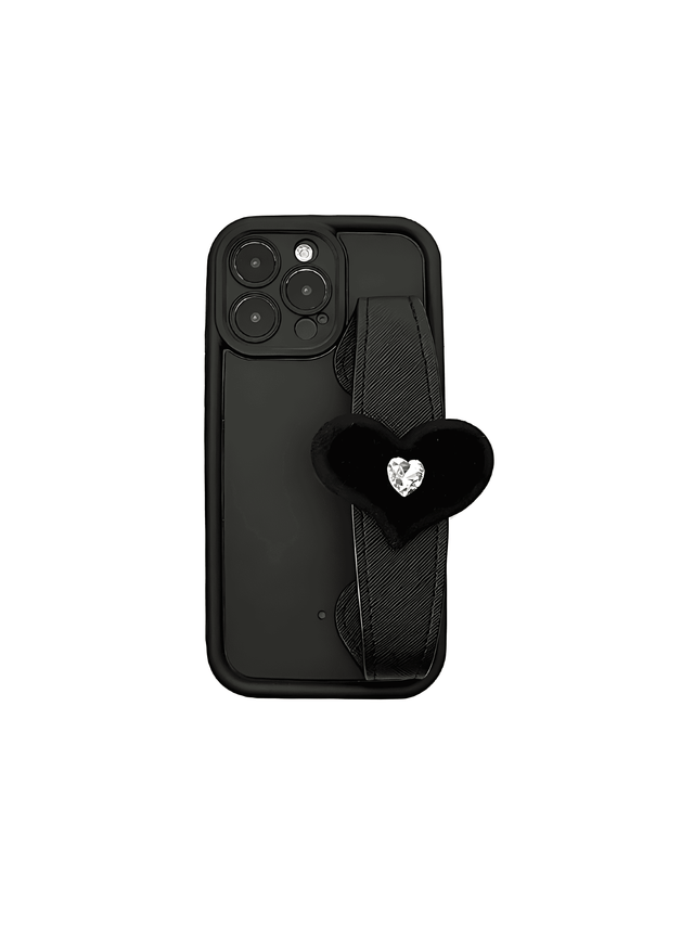 Black Silicone Phone Case with Diamond Heart Handle Strap Lanyard