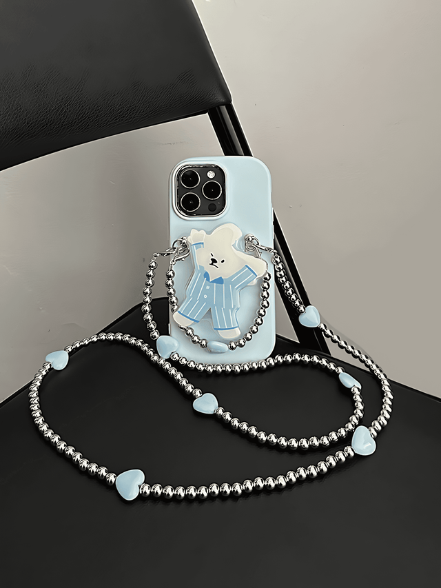 Blue Silicone Case with Pajama Bear Stand Bead Chain Strap Lanyard