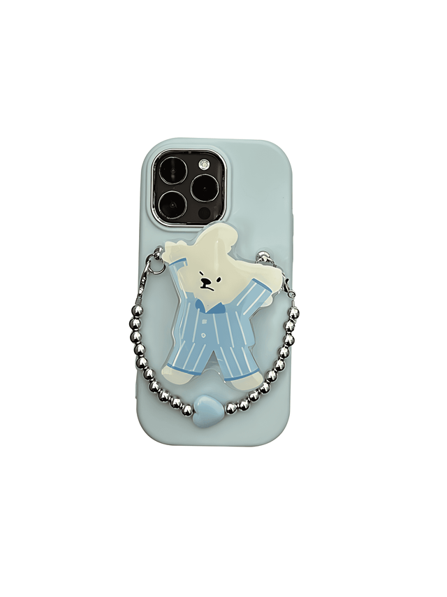 Blue Silicone Case with Pajama Bear Stand Bead Chain Strap Lanyard