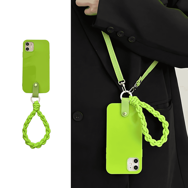 Glossy Neon Green Case Braided Hand Strap Leather Crossbody Strap