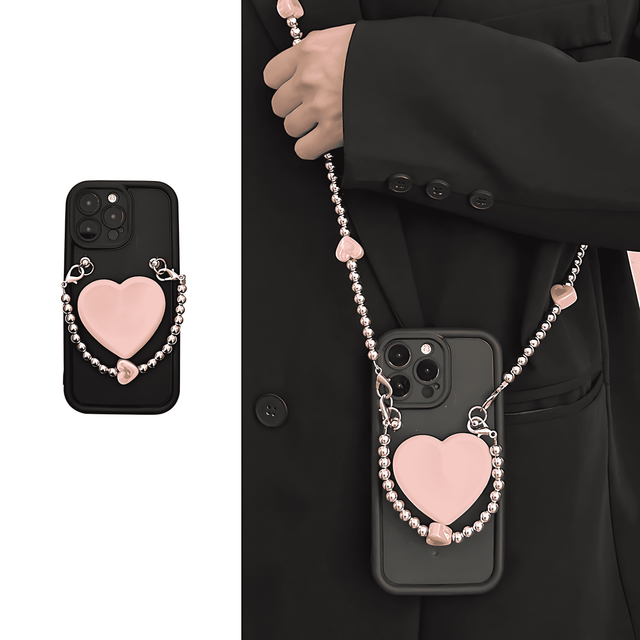 Full-Cover Black Case Pink Heart Stand Hand Strap Crossbody Chain Lanyard