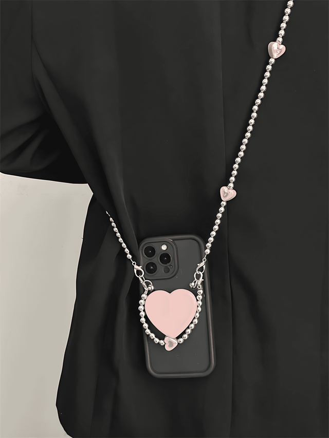 Full-Cover Black Case Pink Heart Stand Hand Strap Crossbody Chain Lanyard