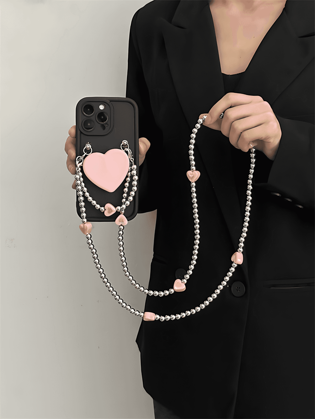 Full-Cover Black Case Pink Heart Stand Hand Strap Crossbody Chain Lanyard