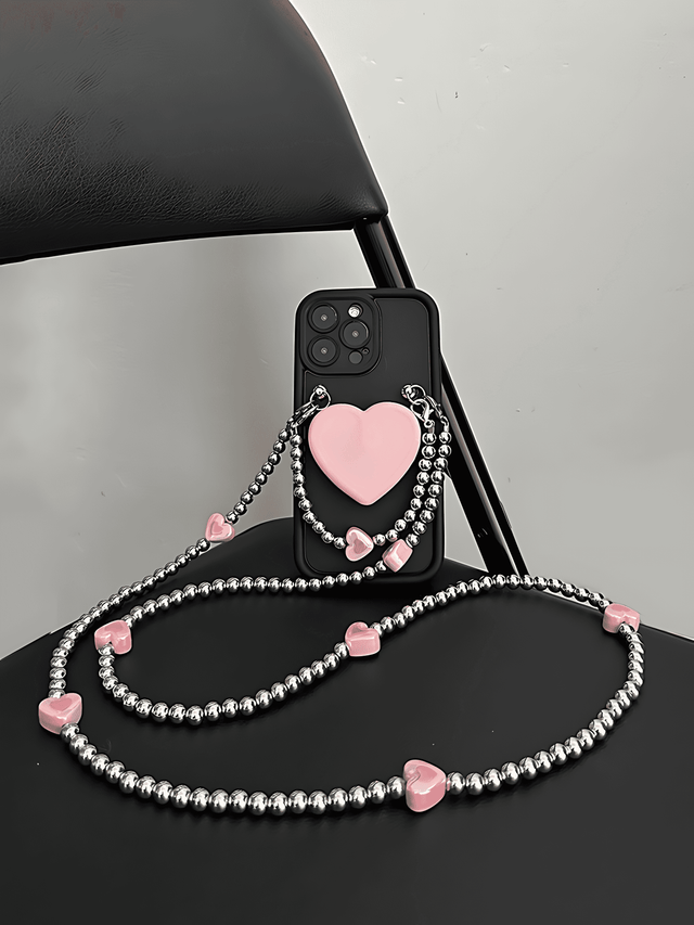 Full-Cover Black Case Pink Heart Stand Hand Strap Crossbody Chain Lanyard