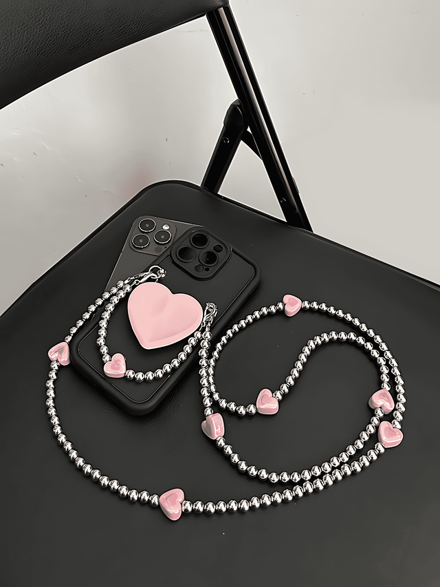 Full-Cover Black Case Pink Heart Stand Hand Strap Crossbody Chain Lanyard