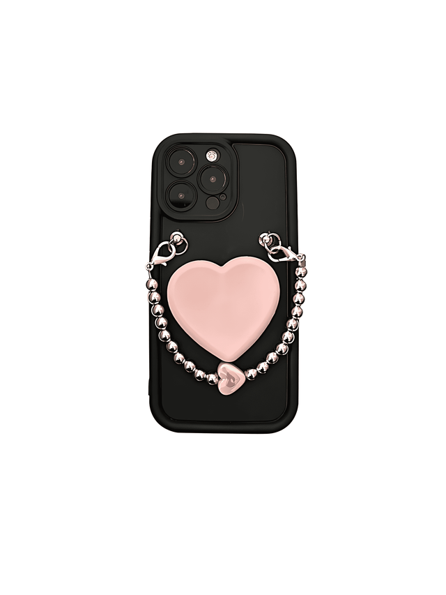 Full-Cover Black Case Pink Heart Stand Hand Strap Crossbody Chain Lanyard