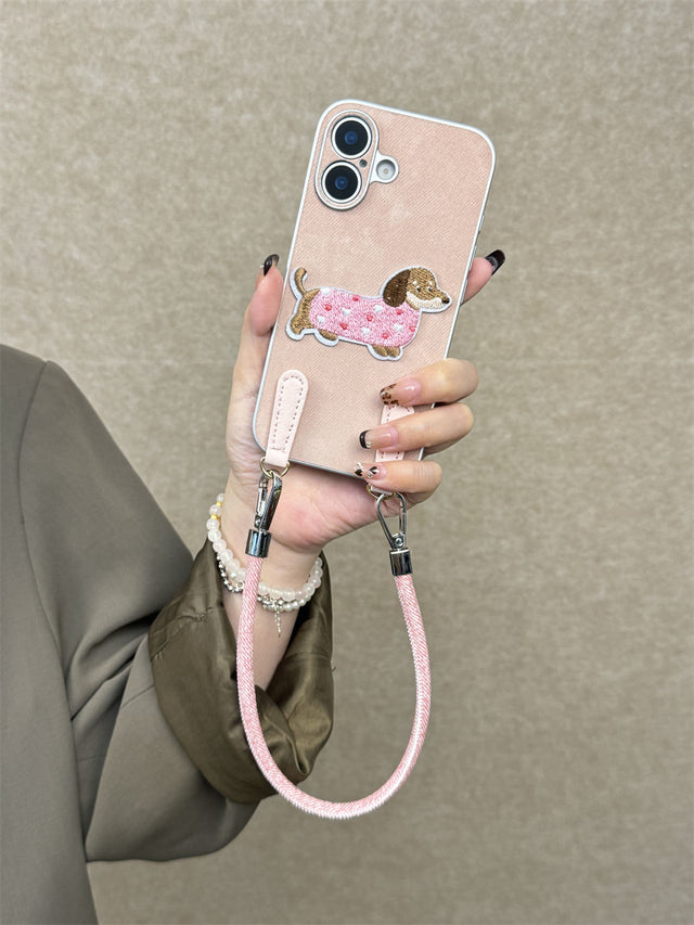 Cute Pink Dog Denim Phone Case with Crossbody Lanyard